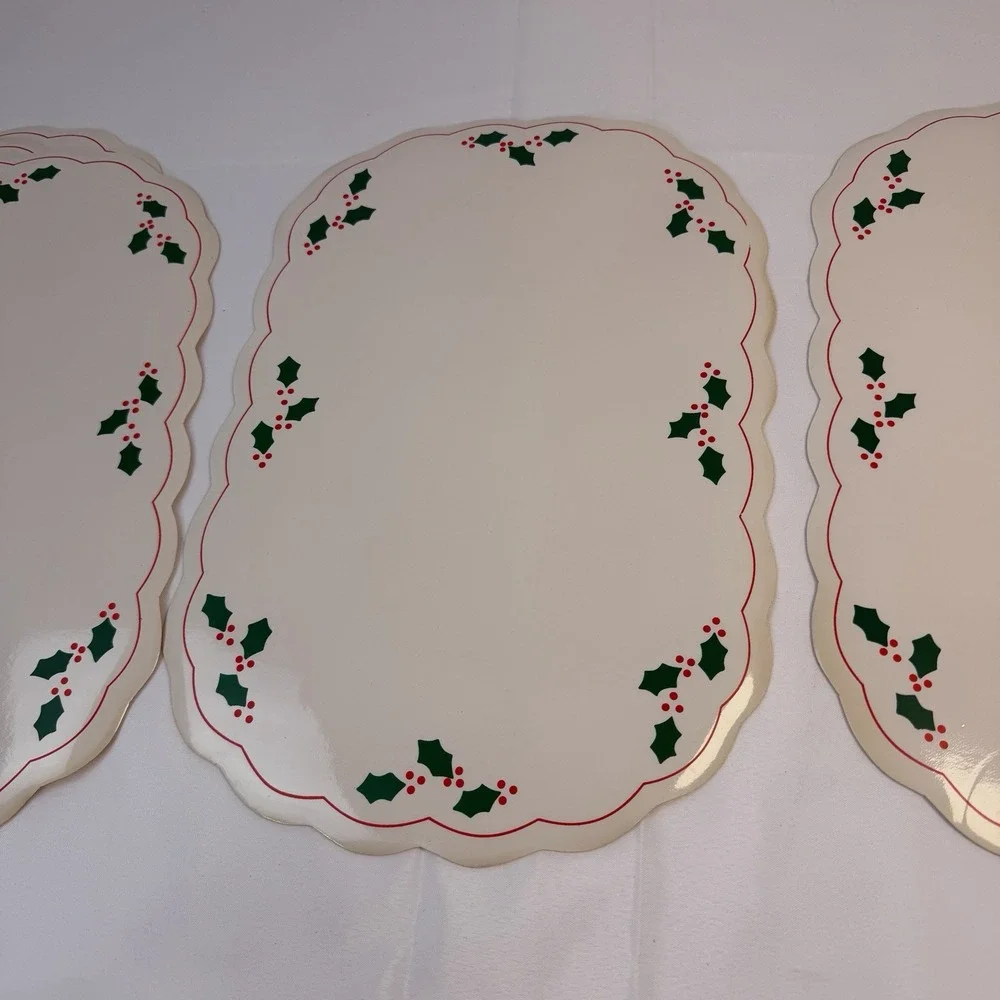 6 Vintage Placemat Set Holly Berry Christmas Holiday Oval Vinyl MCM Granny Core